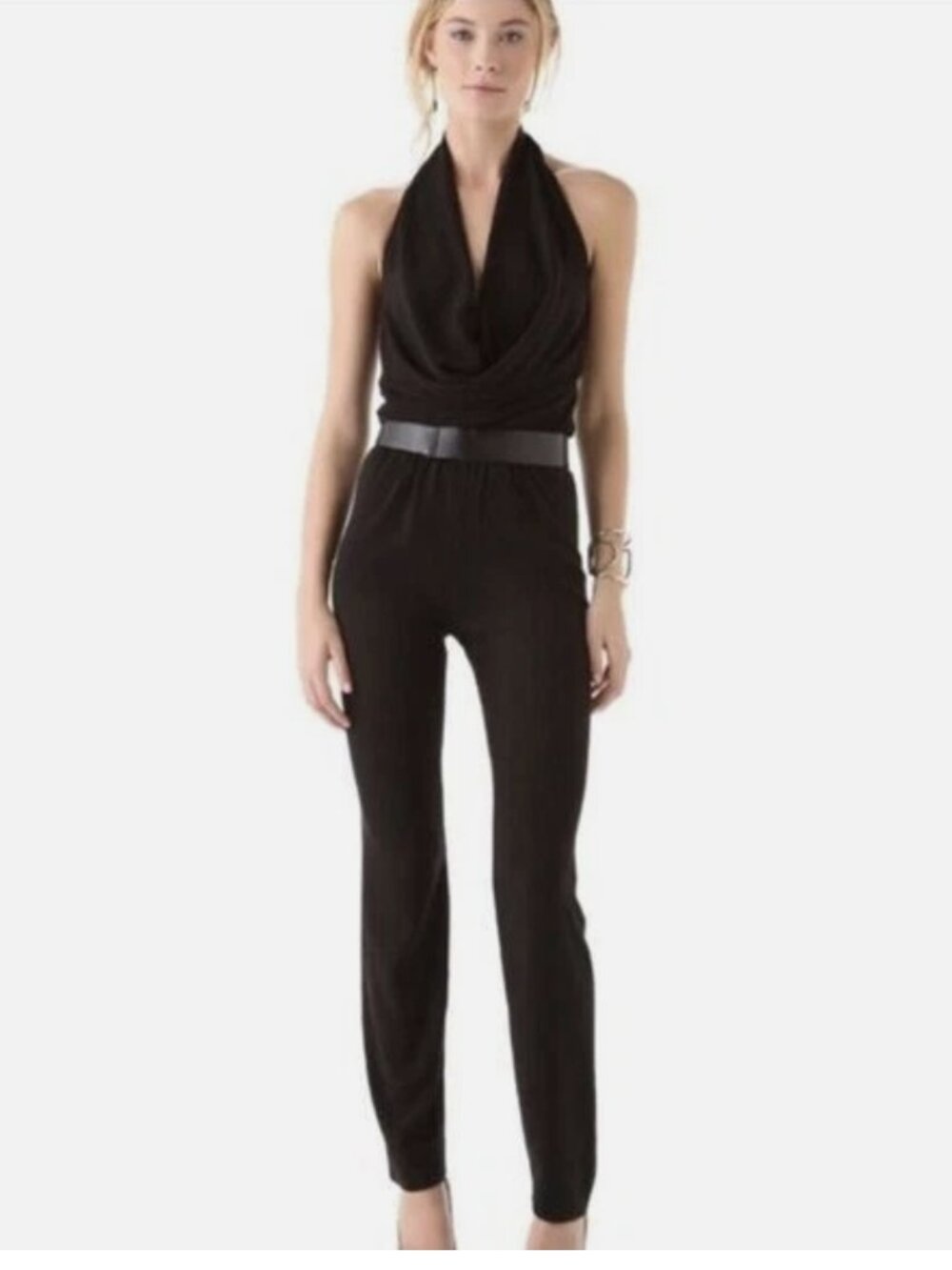 Halston Heritage Black Halter Cowl Stretch Jumpsuit Low Back sz 2 4 *free belt*